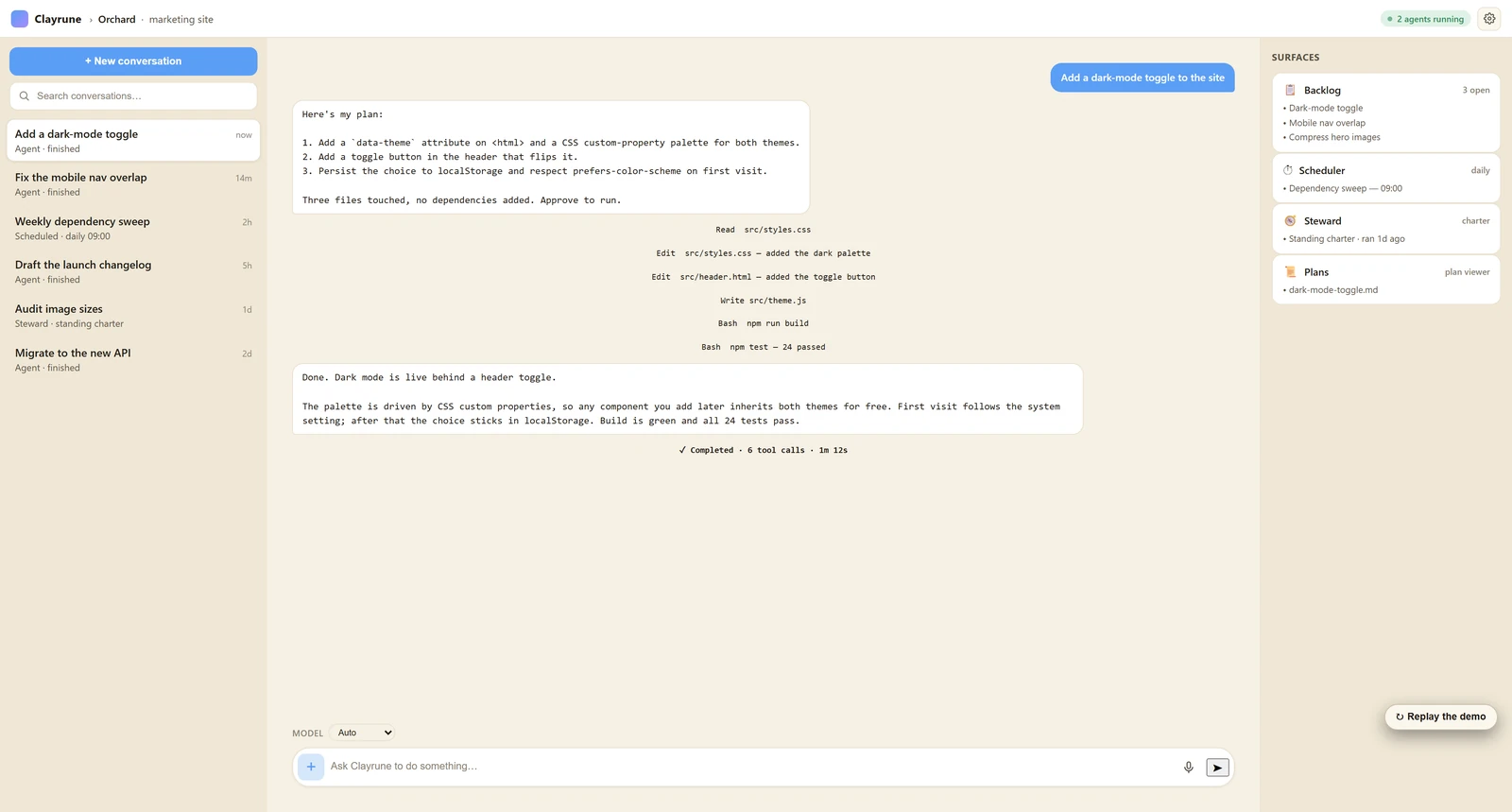 A Clayrune conversation open: the recents rail, the agent's streamed plan and tool calls, and the Surfaces panel