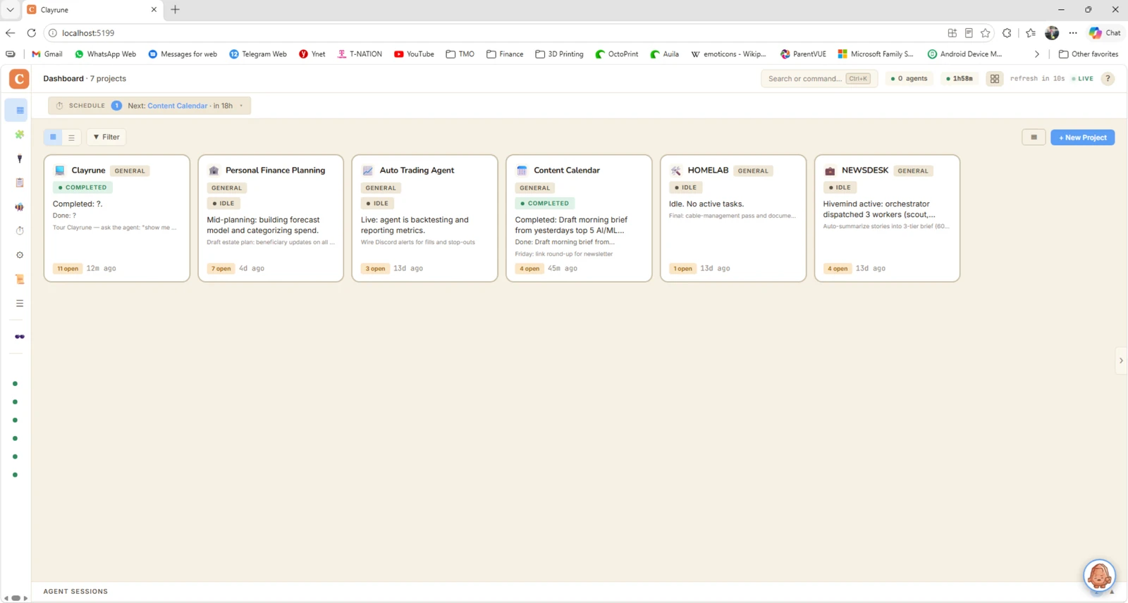 Clayrune dashboard with project tiles, status indicators, and agent activity feed