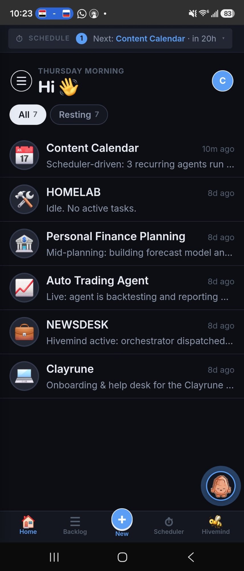 Clayrune mobile home in dark mode, chat list of live projects