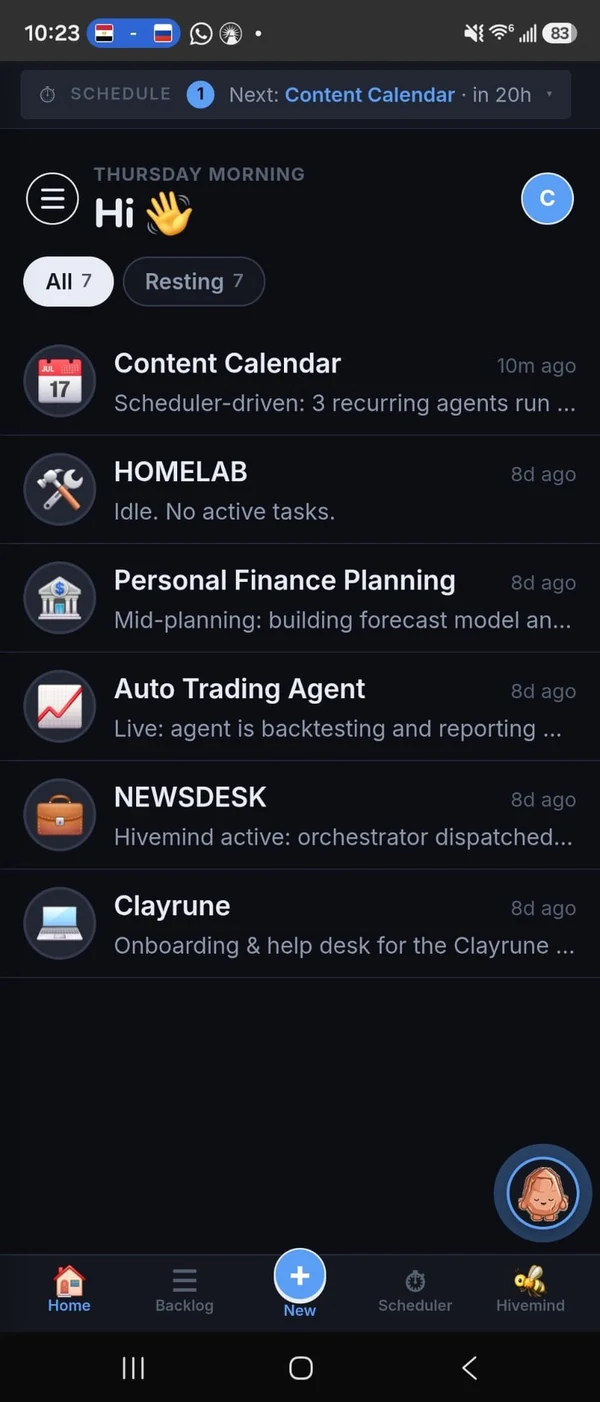 Clayrune mobile home in dark mode, chat list of live projects
